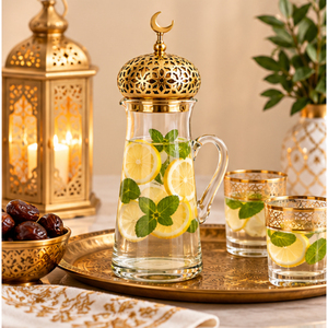 Jarra de Agua de Vidrio de Lujo Estilo Medio Oriente con Tapa Dorada en Forma de Cúpula, Elegante Decoración de Mesa para Ramadán, Jarra para Jugo con Adorno de Luna Creciente - Product Image 4