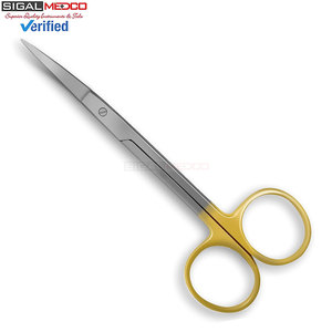 Tijeras de laboratorio de carburo de tungsteno Iris de 4.5 pulgadas con mango curvo de anillo dorado, 5 veces más resistentes, instrumento quirúrgico manual de acero inoxidable, CE - Product Image 1