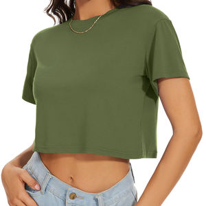 Camiseta de verano informal de manga corta para mujer, básica, suave, ajustada, con cuello redondo, personalizada, estilo crop top, transpirable, de tela tejida. - Product Image 4