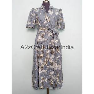 Vestido midi de algodón 100% con estampado floral hecho a mano, nuevo diseño hermoso para mujer, cuello en V, mangas cortas, cómodo para la oficina. - Product Image 3