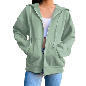 Fashionable Women Fleece Solid Hooded Korean Sweatshirts Long Sleeve Drawstring Pockets Loose <b>Zipper</b> <b>Black</b> <b>Hoodies</b> for Women - Product Image 3