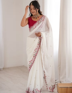 Sari de fête KV traditionnel en rayonne georgette blanc brodé, réversible, infroissable, séchage rapide, travail artisanal lourd, avec chemisier non cousu pour - Product Image 5