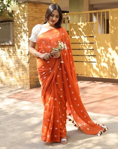 KV Reiya <b>Orange</b> Embroidered Mulmul Cotton <b>Saree</b> - Product Image 5