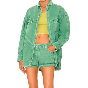 Chemise-veste en jean vert pour femme, manches longues, col rabattu, style utilitaire, respirante, longueur intégrale, poche plaquée en coton, idéale pour l'été - Product Image 1