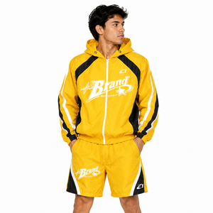 Veste coupe-vent jaune deux pièces personnalisée à faible MOQ, broderie patchwork, fermeture éclair, nylon, polyester, streetwear unisexe, shorts, sweats à capuche - Product Image 1