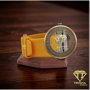 Custom Luxury Gold Tone Watch With Yellow Silicone Strap Sparkling Stone Set Case <b>Chronograph</b> Style Fashion Wristwatch For Men - Product Image 4
