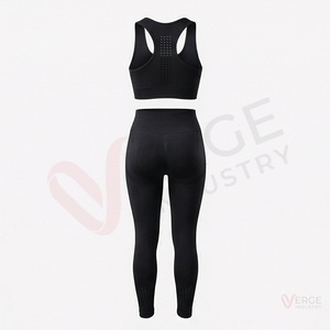 <b>Women</b> <b>Black</b> Seamless Yoga Set 2 Piece Racerback Crop Top High Waist <b>Leggings</b> Perforated - Product Image 2