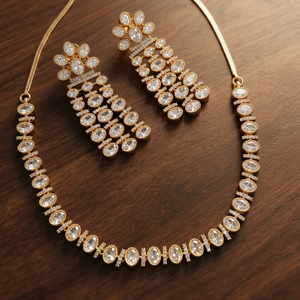 Elegant Artificial Moissanite <b>studded</b> Ethnic Gold Plated Choker Necklace Long Matching Drop <b>Earrings</b> Set for Women Anniversary - Product Image 2