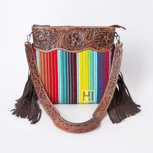 Rainbow aztec Saddle blanket กระเป๋าหนังแท้แบบตะวันตก Crossbody พร้อมสายเครื่องมือและพู่ - Product Image 1