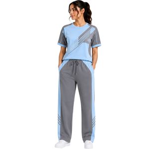 Conjunto de dos piezas informal personalizado para mujer, camiseta de manga corta azul cielo y gris y pantalones de pierna recta con estampado geométrico - Product Image 1
