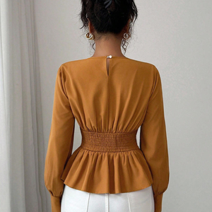 Chemise à manches ballon unie pour femme avec volants, col rond, manches longues, style moderne et romantique, coupe classique, à porter toute l'année - Product Image 3