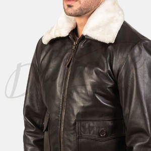 Blouson aviateur G-1 en cuir véritable marron foncé pour homme, col en fausse fourrure blanche, deux poches à rabat, bordure côtelée - Product Image 1