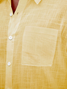 Customized Brand Men's Yellow Short Sleeve Linen Shirt Solid Casual Breathable Summer Woven Fabric Button Collar Pocket Design - Product Image 6