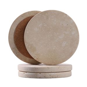 Juego de posavasos de piedra travertino natural hechos a mano con base de corcho para tazas de café, vasos y copas de vino - Product Image 1
