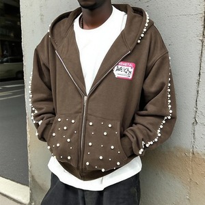 Custom Men's Oversized Pearl Stud <b>Zip</b> Up Hoodie Heavyweight Cotton Fleece Streetwear Full <b>Zip</b> <b>Hooded</b> Sweatshirt OEM - Product Image 1
