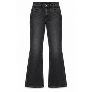 Jean en denim taille haute coupe bootcut pour femme avec poches plaquées ovales, noir délavé, détails brodés et pailletés - Product Image 1
