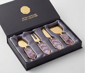 Gold <b>Cheese</b> <b>Knife</b> <b>Set</b> With Amethyst Stone Handle Stainless Steel Blades Handcrafted For Elegant Table Use And Wedding Use - Product Image 4