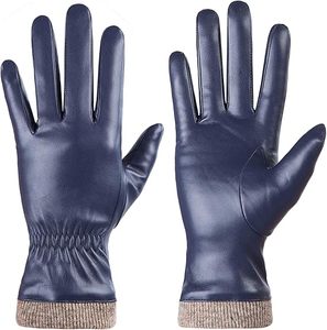 Guantes de Cuero Azul Marino para Mujer, Largos hasta la Muñeca, con Puño de Punto Térmico, Estilo Casual de Invierno, Lisos - Product Image 1
