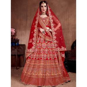 Wedding <b>Silk</b> Plus Size Lehenga Choli with Double Dupatta in <b>Red</b> - Product Image 1