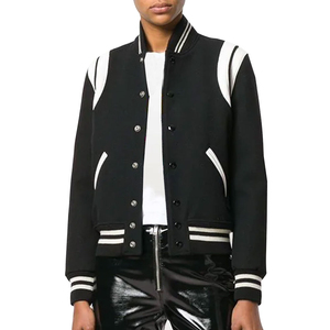 Blouson universitaire pour femme, noir et blanc contrasté, manches longues, broderie, hiver, longueur standard, simple boutonnage, polyester et coton tissé - Product Image 6