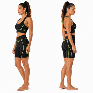 Women Contrast Stitch Yoga Set <b>Racerback</b> Sports <b>Bra</b> High Waist Biker Shorts Fitness Gym Workout Activewear Set - Product Image 2