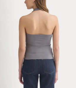 Top Halter de Mujer con Cuello Redondo, 100% Algodón, Tejido de Punto Acanalado, Estilo Minimalista, Color Gris Sólido, Transpirable y de Secado Rápido - Product Image 3
