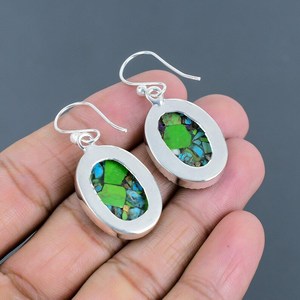 Boucles d'oreilles artisanales en turquoise verte, argent sterling 925, cuivre, pierres précieuses, bijoux uniques, élégants et tendance - Product Image 2