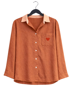 Conjunto de dos piezas para mujer: camisa con estampado de corazones naranja óxido y pantalones anchos color melocotón, atuendo informal de algodón y lino, ropa holgada de verano OEM - Product Image 1