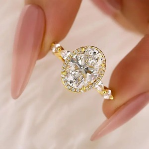Trendy 925 Moissanite Halo Oval Cut Yellow Gold <b>Promise</b> <b>Ring</b> Engagement <b>Ring</b> in Yellow Gold Plated Moissanite Jewelry for <b>Women</b> - Product Image 3