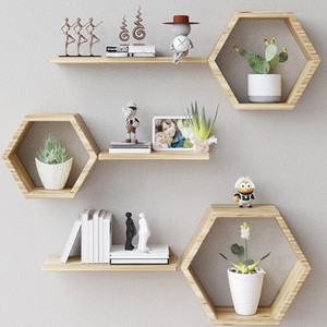 Walnut Wood <b>Hexagonal</b> Wall <b>Shelves</b> | Modern Floating Three-layer Display Shelving | Living Room | Wholesale - Product Image 2