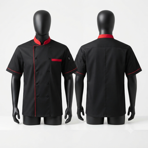 เสื้อเชฟสีดำ แบรนด์ Blackhardson รุ่นพรีเมียม ผ้าโพลีคอตตอน 240 GSM แต่งขอบสีแดง แขนสั้น ติดกระดุม สำหรับร้านอาหารและบาร์ - Product Image 1