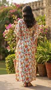Handcrafted Indian Cotton <b>Kaftan</b> <b>Dress</b> <b>Womens</b> Floral V Neck Drawstring Waist - Product Image 5