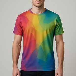 Camiseta de Manga Corta para Hombre, Cuello Redondo, Azul Melange, Corte Regular, Informal, Tejido de Punto, Secado Rápido, 100% Poliéster, Estampado Geométrico Arcoíris - Product Image 5