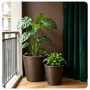 Set di 2 fioriere in rattan PP, 15x12 cm, con vasi interni integrati e fori di drenaggio, per interni/esterni, in ferro - Product Image 3