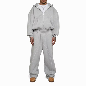 Ensemble de survêtement polaire gris à capuche pour homme, 2 pièces, décontracté, uni, manches longues, coupe ample, 100 % coton, écologique et respirant - Product Image 1
