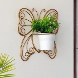 Jardinière murale en métal en forme de papillon avec pot blanc pour plantes vertes d'intérieur, style rustique créatif, pot de fleurs suspendu - Product Image 1