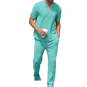 Ensemble deux pièces pour homme, décontracté, hiver, couleur unie, respirant, en coton tricoté 100%, comprenant un t-shirt à manches courtes et un pantalon, avec fermeture éclair quart de tour, couleur Teal - Product Image 1