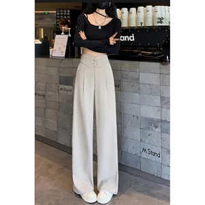 Pantalones anchos de mujer con cintura en V y doble botón, a menudo publicados como pantalones coreanos drapeados o pantalones palazzo de corte ajustado. - Product Image 2