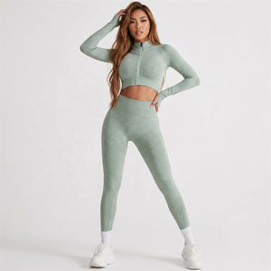 Leggings de sport respirants à manches longues, fermeture éclair intégrale, sans couture frontale, effet push-up, pour la gym et le fitness (vente en gros) - Product Image 4