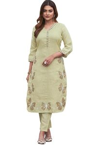 Women's Pure <b>Linen</b> Three Quarter Sleeve Long Top Woven Digital Printed Co-Ord Set with Embroidery - Product Image 1