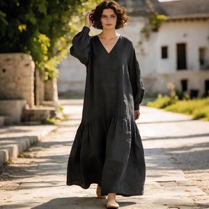 Robe longue décontractée élégante pour femme, couleur unie noire, style bohème, col en V profond, manches ballon, coupe ample - Product Image 5