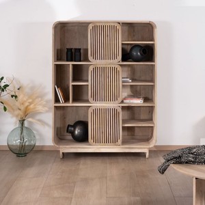 Bibliothèque minimaliste style Vandana Royal Balance en bois de manguier avec portes coulissantes ajourées - Product Image 2