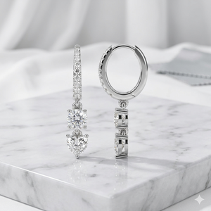 Pendientes colgantes tipo huggie y colgantes lineales de oro de 1.40 CTW con diamantes cultivados en laboratorio, corte redondo/corazón, engaste de púas/pavé, color E-F, certificados - Product Image 3