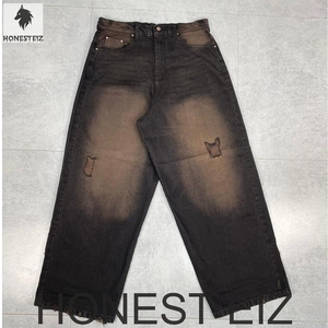 กางเกงยีนส์ทรงบูทคัทสำหรับผู้หญิง ยี่ห้อ HONEST EIZ ระบายอากาศได้ดี ผ้ายีนส์ฟอกสี ทรงหลวม เอวกลาง ความยาวเต็มตัว สไตล์ลำลอง วินเทจ มีเชือกผูก แต่งดีเทลขาดๆ - Product Image 1