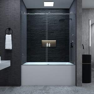 Porte de baignoire coulissante sans cadre de 58 à 60 po x 60 po h Porte de douche certifiée en verre trempé transparent de 1/4 po finition chromée - Product Image 3