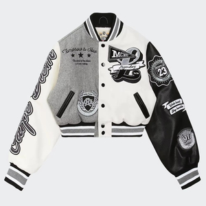 Chaqueta Varsity Corta de Diseño de Lujo para Mujer, Estilo Urbano, Cuerpo de Lana, Mangas de Cuero, Chaqueta Bomber Corta, Chaqueta Varsity de Béisbol para Mujer - Product Image 3