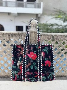 Handmade Quilted Floral Tote <b>Bag</b>: Velvet Reusable Market <b>Bags</b> | <b>Boho</b> Indian Block Print Shoulder <b>Bag</b> - Product Image 4