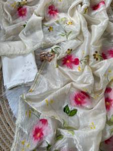 Sari indien ethnique en organza de soie peint à la main à motifs floraux, vente en gros, créateur, pour soirée, couleur crème, en tissu froissé transparent, traditionnel pour femme - Product Image 2