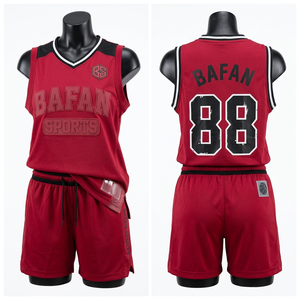 High Quality 170 GSM Polyester Mesh Basketball Jersey Shorts Set <b>Red</b> Black Embroidered Tackle Twill Custom Logo Sportswear - Product Image 1