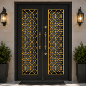 Porte d'entrée double de luxe noire et or avec grille métallique géométrique décorative et verre dépoli pour une entrée sécurisée - Product Image 3